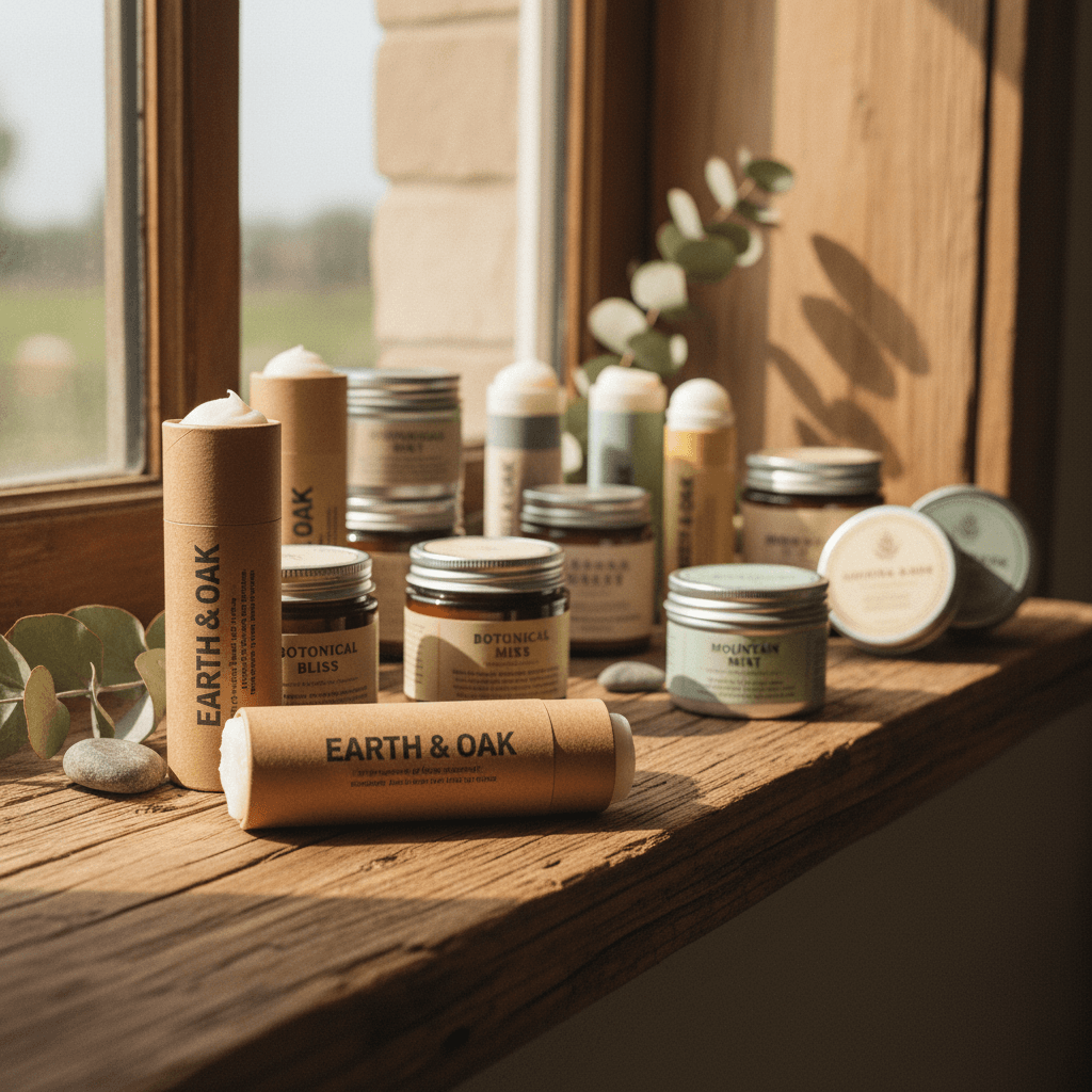 DryGo deodorant collection on natural wooden display
