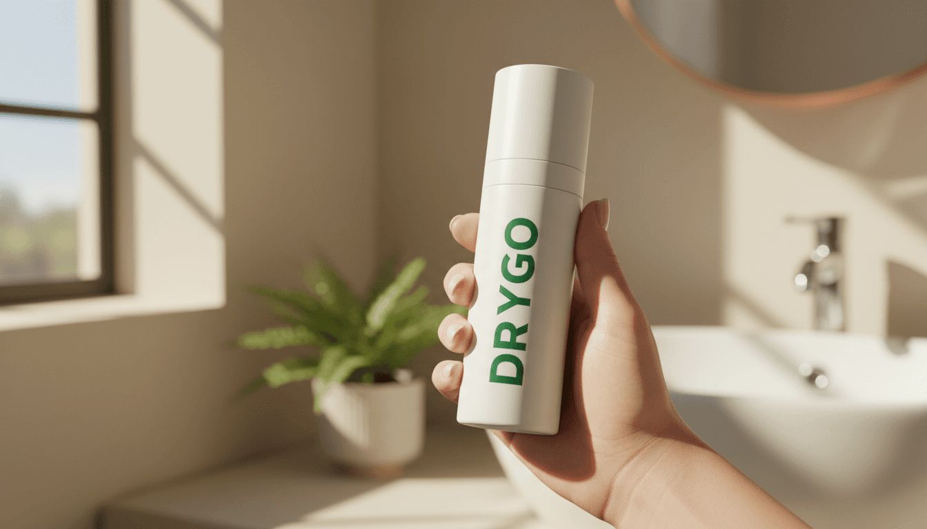 Person holding DryGo Deodorant product in natural sunlight