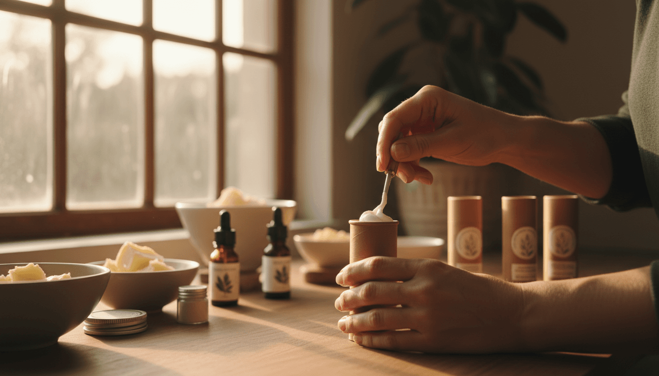 Hands crafting natural deodorant product with care in a bright workshop