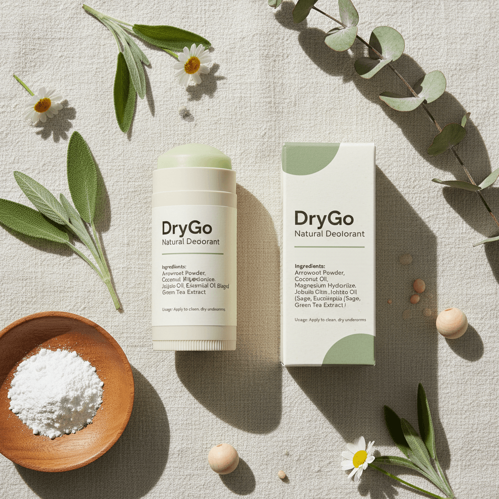 DryGo deodorant product with transparent ingredient labeling