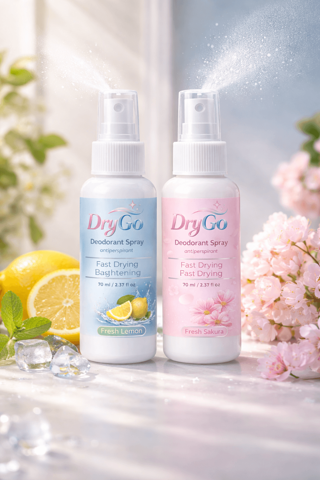 DryGo lemon and sakura deodorant spray bottles spraying mist among citrus and pink flowers.
