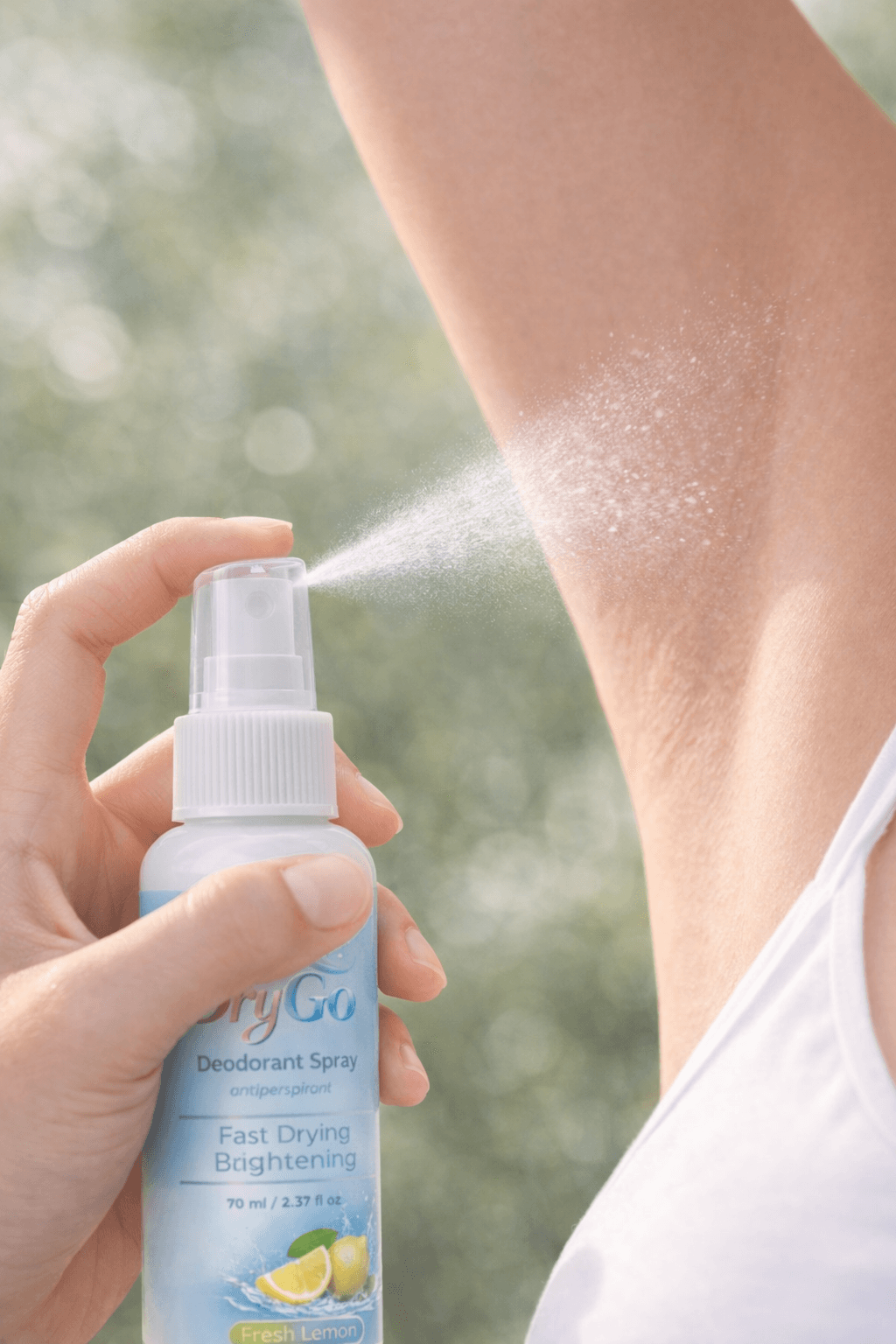 Hand spraying a fine mist of DryGo lemon deodorant onto a person's underarm.