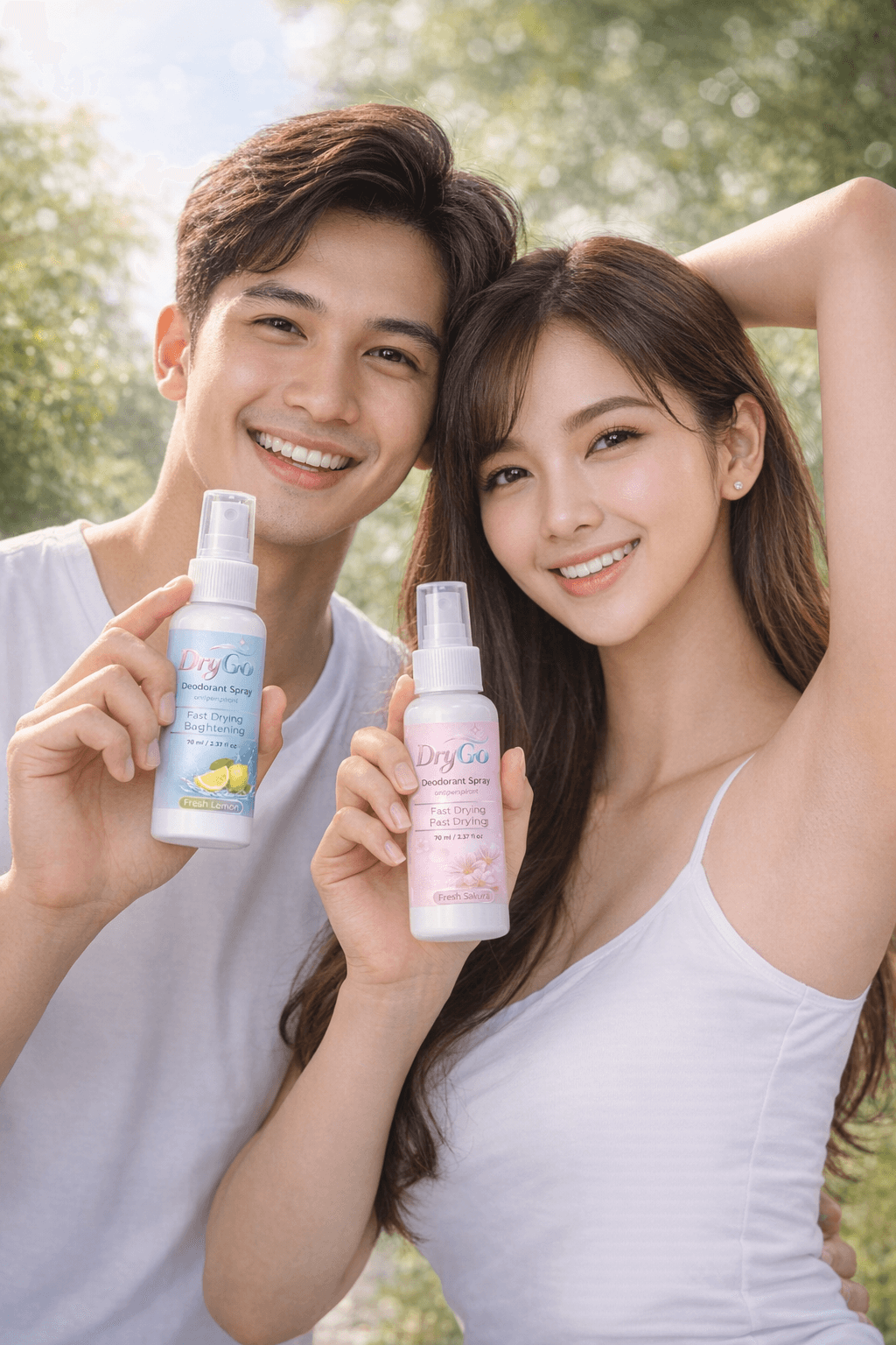 Smiling couple holding DryGo deodorant spray bottles outdoors, woman raising her arm in sunlight.