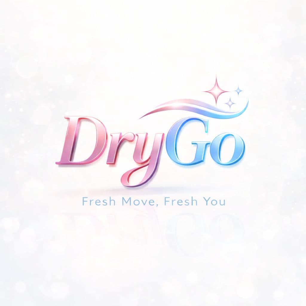 Pink and blue gradient DryGo logo with sparkles and tagline "Fresh Move, Fresh You".