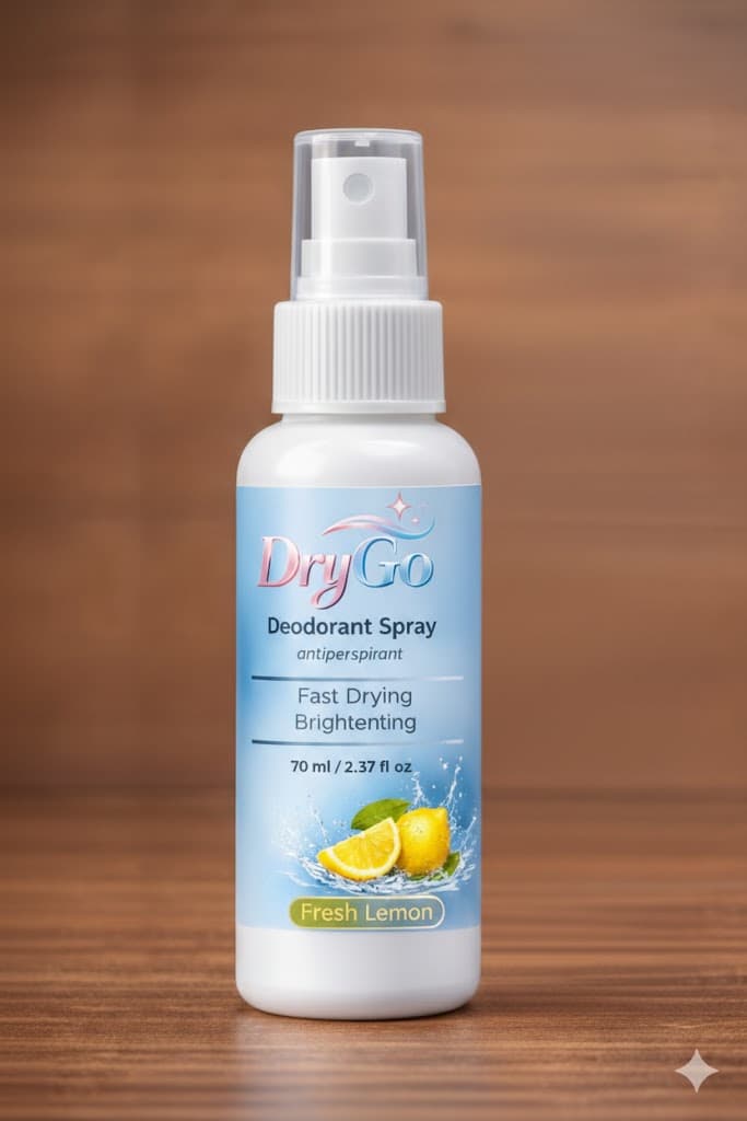DryGo Fresh Lemon deodorant spray bottle featuring lemon graphics on a wooden background.