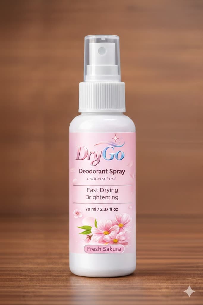 DryGo Fresh Sakura brightening deodorant spray bottle with pink flowers on a wooden surface.